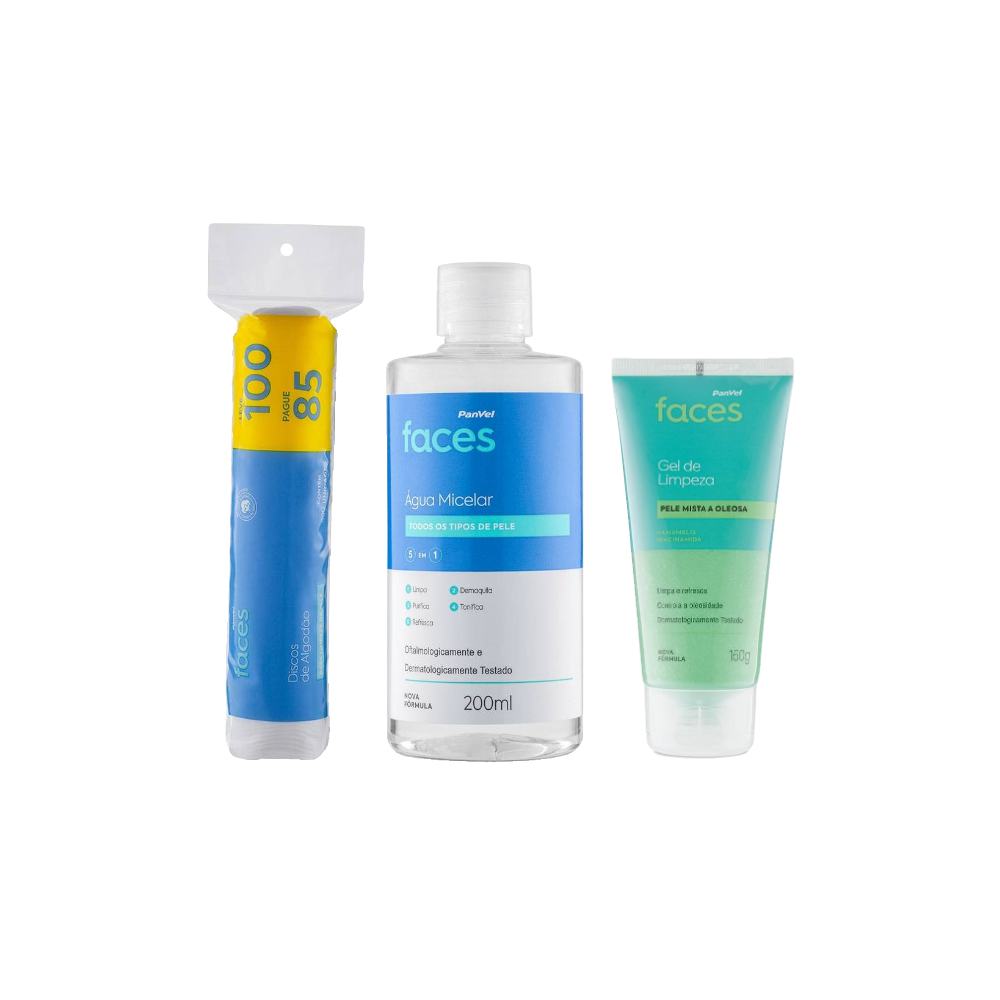 Kit Panvel Água Micelar Faces Todos Os Tipos De Pele 200ml + Gel De Limpeza Faces Pele Mista A Oleosa 150g + Discos De Algodão Faces Leve 100 Pague 85 Unidades