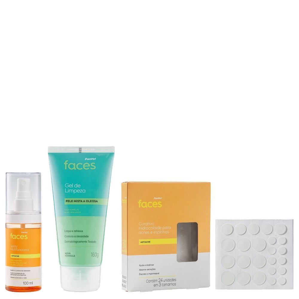 Panvel Spray Multifuncional Antiacne Faces 100ml + Curativo Secativo Para Acne Faces Antiacne 24 Unidades + Gel De Limpeza Faces Pele Mista A Oleosa 150g