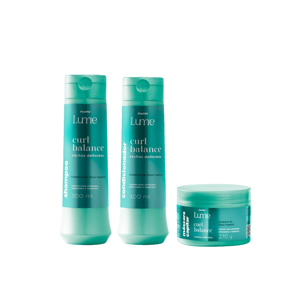 Kit Panvel Shampoo Curl Balance Lume 300ml + Máscara Capilar Curl Balance Lume 270g + Condicionador Curl Balance Lume 300ml
