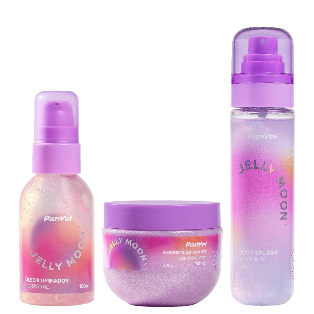Kit Panvel Jelly Moon Óleo Iluminador Corporal 100ml + Body Splash Com Brilho 100ml + Sabonete Esfoliante Corporal Com Brilho 200g