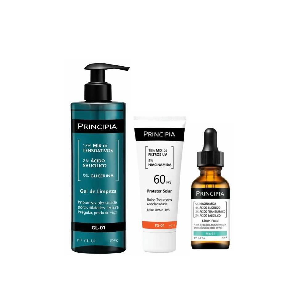 Kit Principia Gel De Limpeza Facial Gl 01 350g + Protetor Solar Facial Ps 01 Fps 60 40ml + Sérum Facial Antiacne E Oleosidade Mix 01 30ml