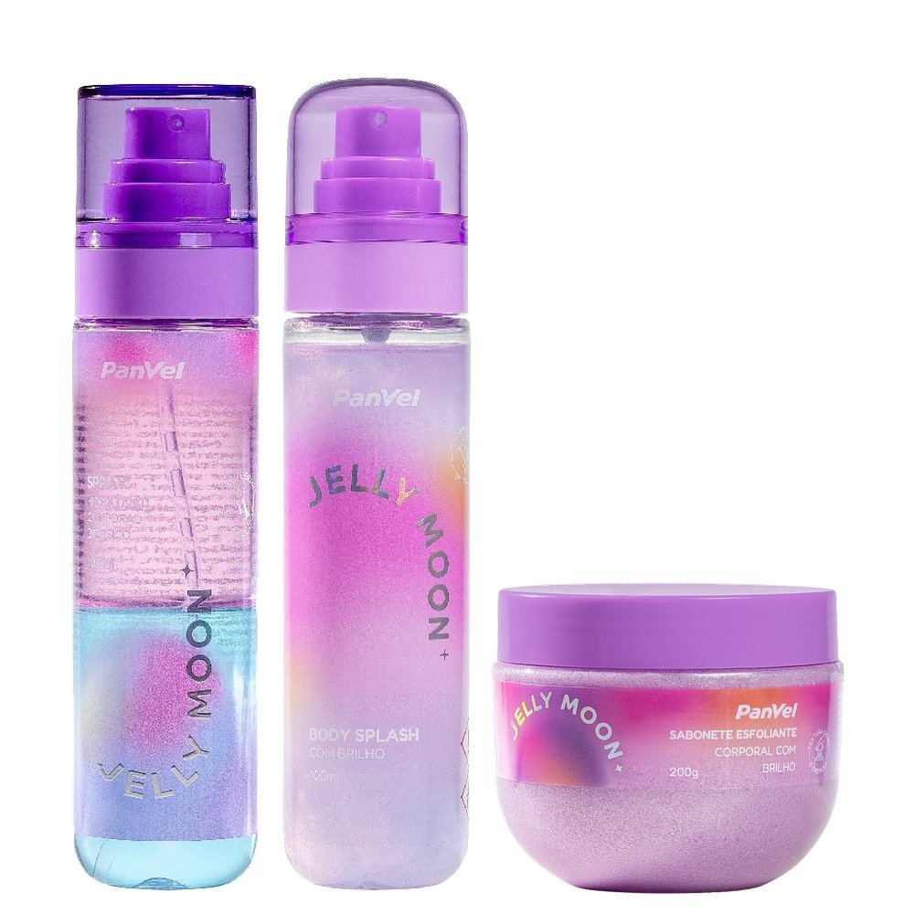 Kit Panvel Body Splash Com Brilho Jelly Moon 100ml + Spray Hidratante Corporal Bifásico 100ml + Sabonete Esfoliante Corporal Com Brilho 200g