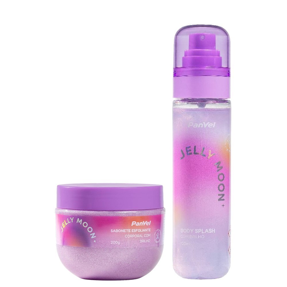  Kit 2x Body Splash Com Brilho Jelly Moon 100ml + Panvel Sabonete Esfoliante Corporal Com Brilho 200g 