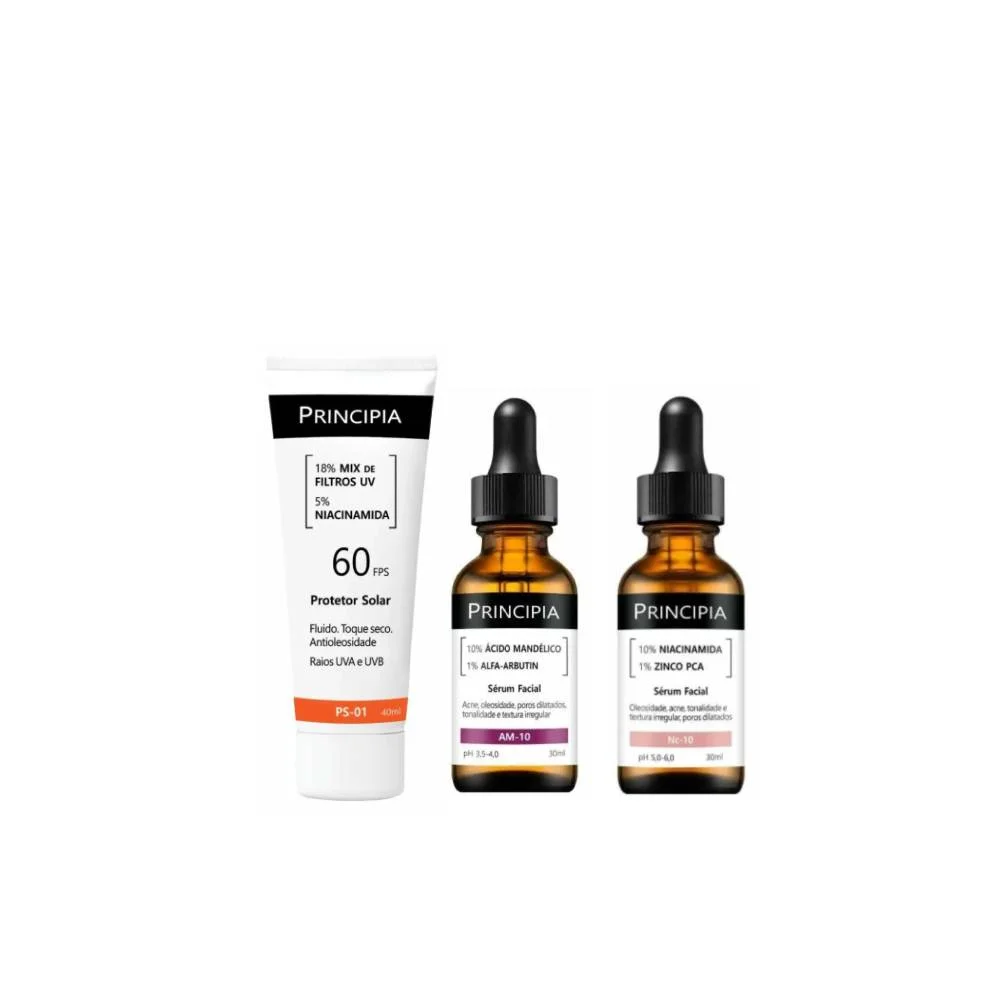 Kit Principia Sérum Facial Antiacne E Oleosidade Nc 10 Niacinamida 10% 30ml + Protetor Solar Facial Ps 01 Fps 60 40ml + Sérum Facial Antiacne E Oleosidade Am 10 Ácido Mandélico 10% 30ml