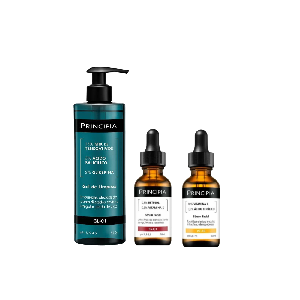 Kit Principia Sérum Facial Antioxidante Vc 10 30ml + Sérum Facial Anti Idade Rn 0,3 Retinol 0,3% 30ml + Gel De Limpeza Facial Gl 01 350g