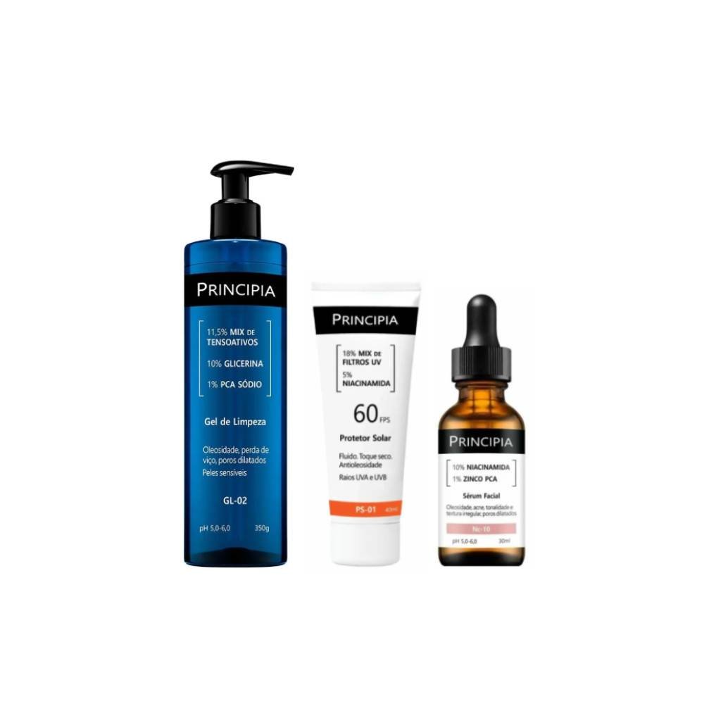 Kit Principia Protetor Solar Facial Ps 01 Fps 60 40ml + Sérum Facial Antiacne E Oleosidade Nc 10 Niacinamida 10% 30ml + Gel De Limpeza Facial Gl 02 350g