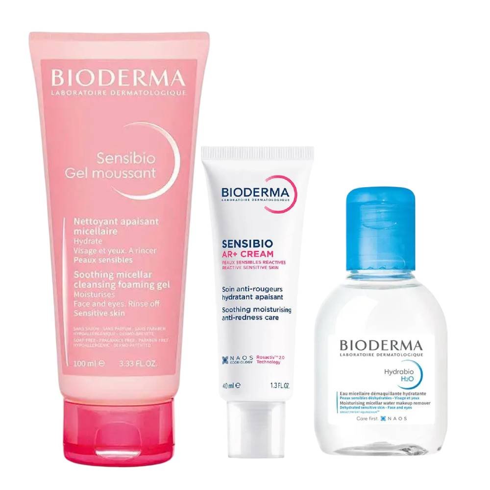 Kit Bioderma Água Micelar Hydrabio H2o 100ml + Gel De Limpeza Facial Micelar Calmante E Hidratante Sensibio Gel Moussant 100ml + Creme Facial Cuidado Diário Antivermelhidão Sensibio Ar 40ml