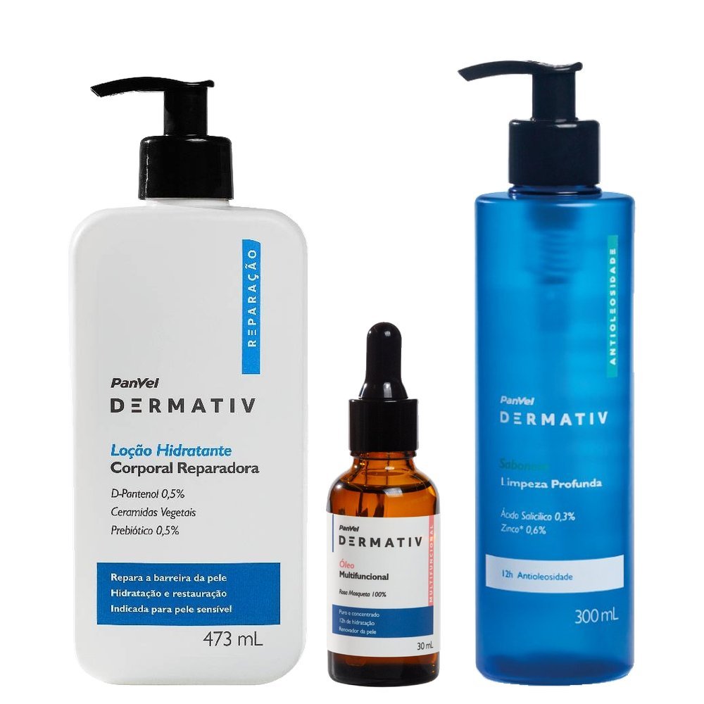 Kit Panvel Dermativ Loção Hidratante Corporal Reparação 473ml + Gel De Limpeza Facial Ácido Salicílico 0,3% + Zinco 0,6% 300ml + Óleo Facial Rosa Mosqueta 100% 30ml