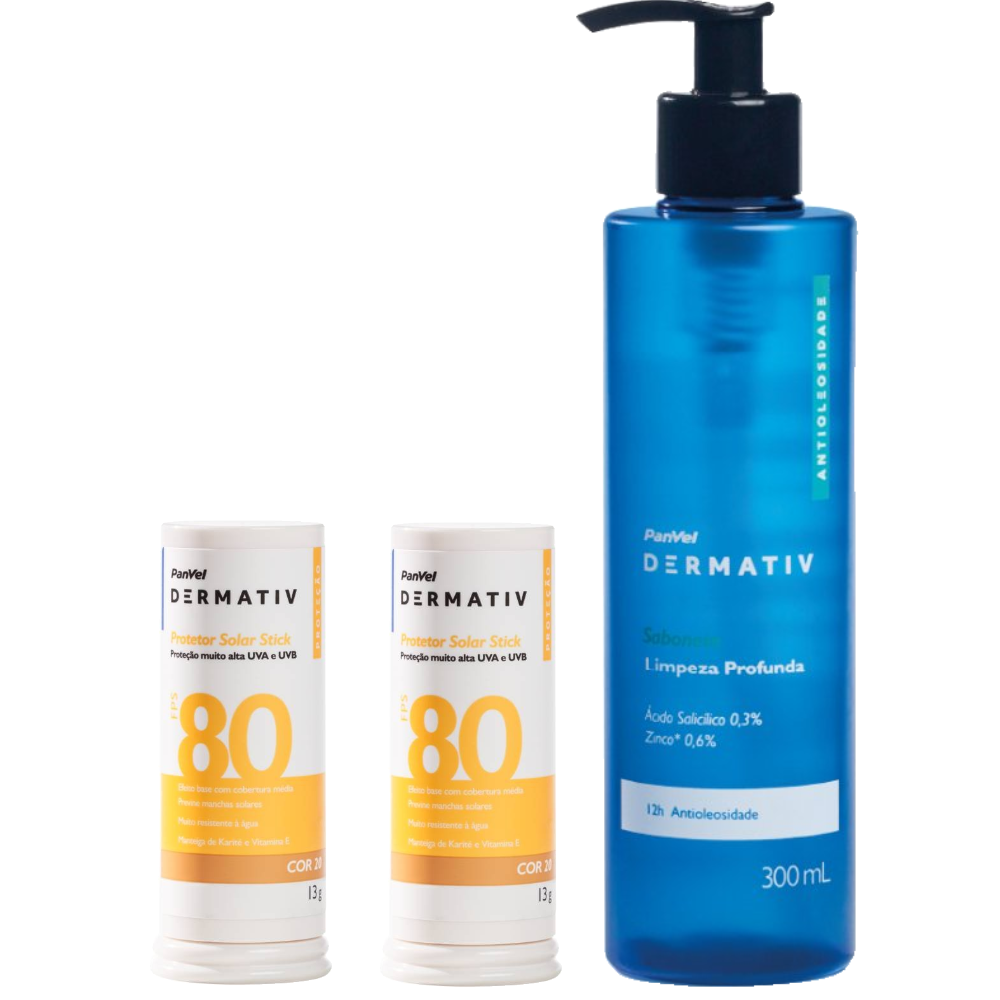 Kit Panvel Dermativ Gel De Limpeza Facial Ácido Salicílico 0,3% + Zinco 0,6% 300ml + 2x Protetor Solar Facial Em Bastão (stick) Fps80 Cor 20 13g
