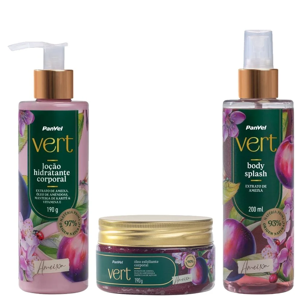 Kit Panvel Óleo Esfoliante Corporal Ameixa Vert 190g + Loção Hidratante 190g + Body Splash Desodorante 200ml