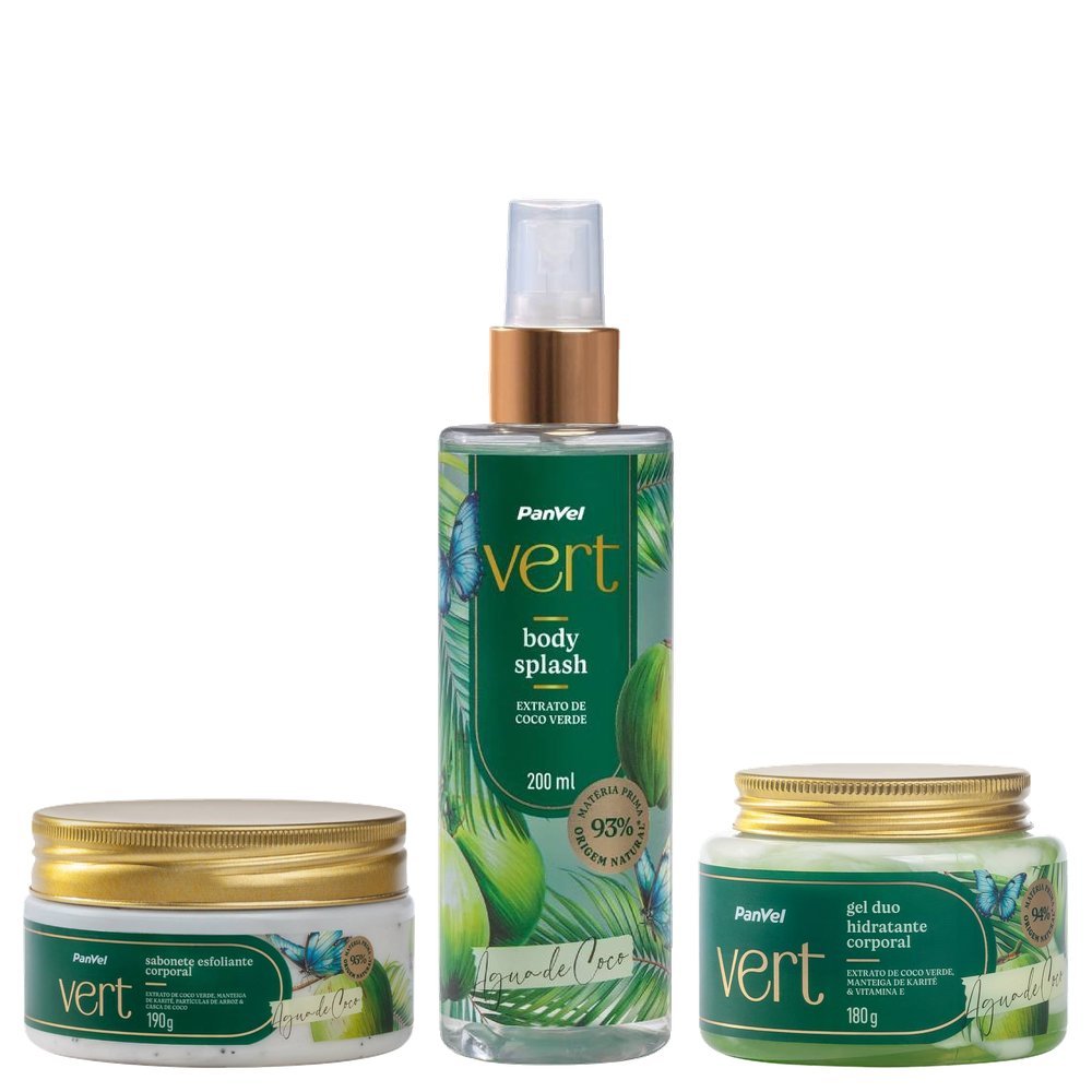 Kit Panvel Body Splash Desodorante Corporal Água De Coco Vert 200ml + Sabonete Esfoliante Corporal 190g + Gel Hidratante Corporal 180g