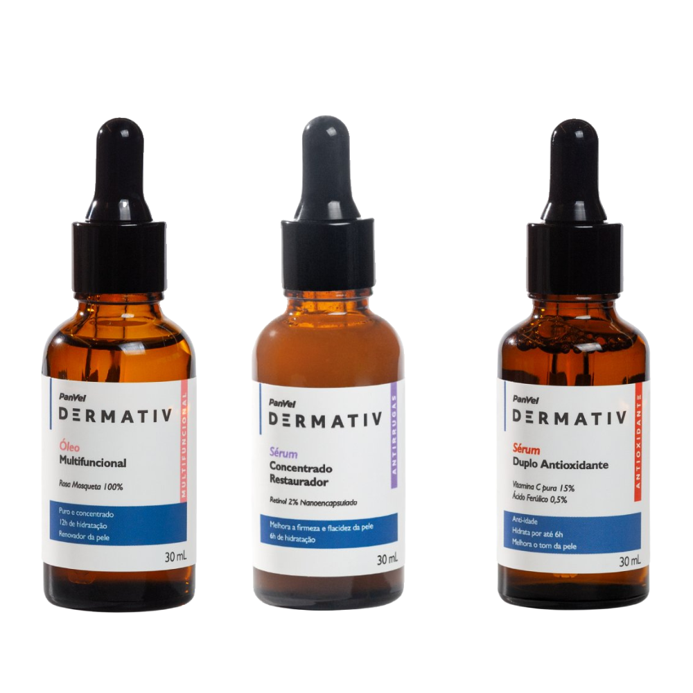 Kit Panvel Óleo Facial Rosa Mosqueta 100% Dermativ 30ml + Sérum Facial Anti Idade 30ml +sérum Facial Retinol 2% 30ml