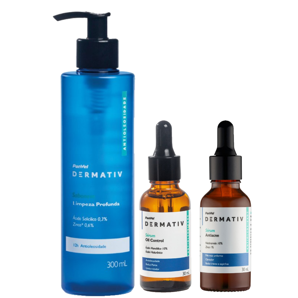 Kit Panvel Gel De Limpeza Facial Dermativ Ácido Salicílico 0,3% + Zinco 0,6% 300ml + Sérum Facial Anti Idade 30ml + Sérum Facial Antiacne 30ml