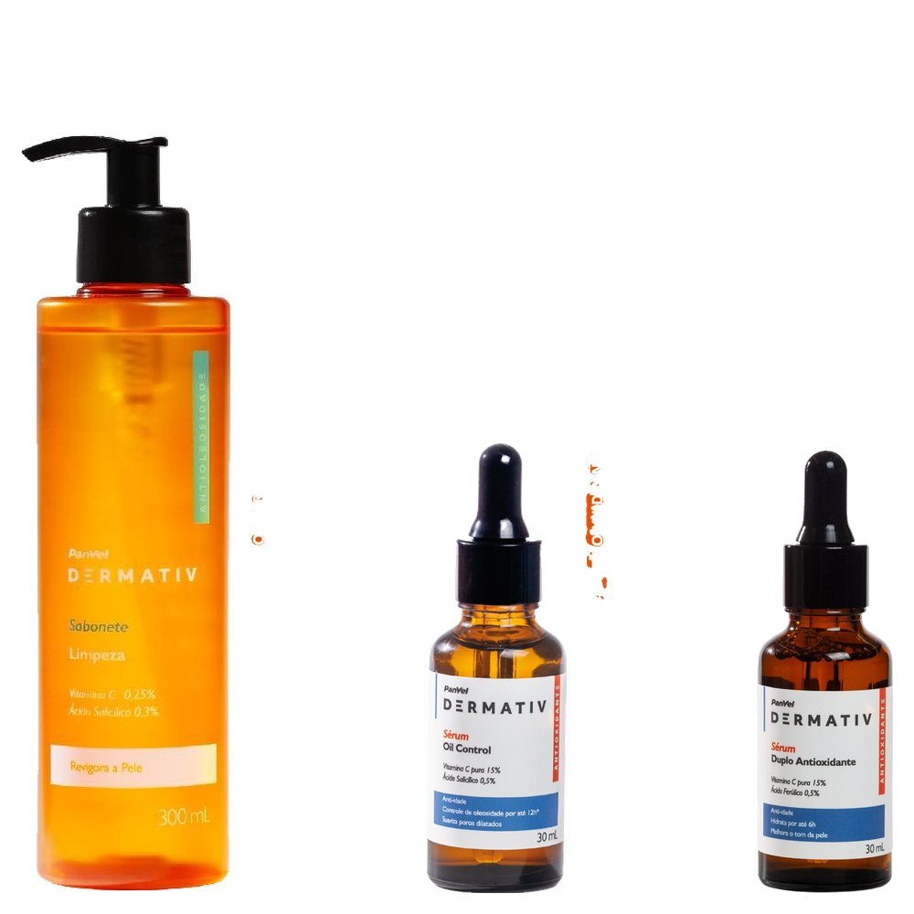 Kit Panvel Sabonete Limpador Dermativ Vitamina C 300ml + Sérum Facial Vitamina C + Ácido Salicílico 30ml + Sérum Facial Anti Idade 30ml