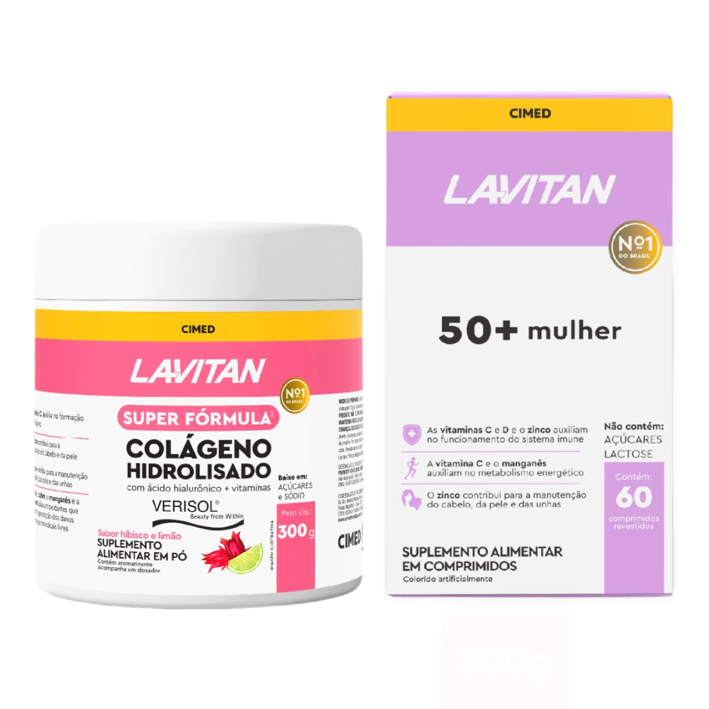 Kit Lavitan Multivitamínico 50+ Mulher Com 60 Comprimidos + Super Fórmula Colágeno Hidrolisado Sabor Hibisco E Limão 300g