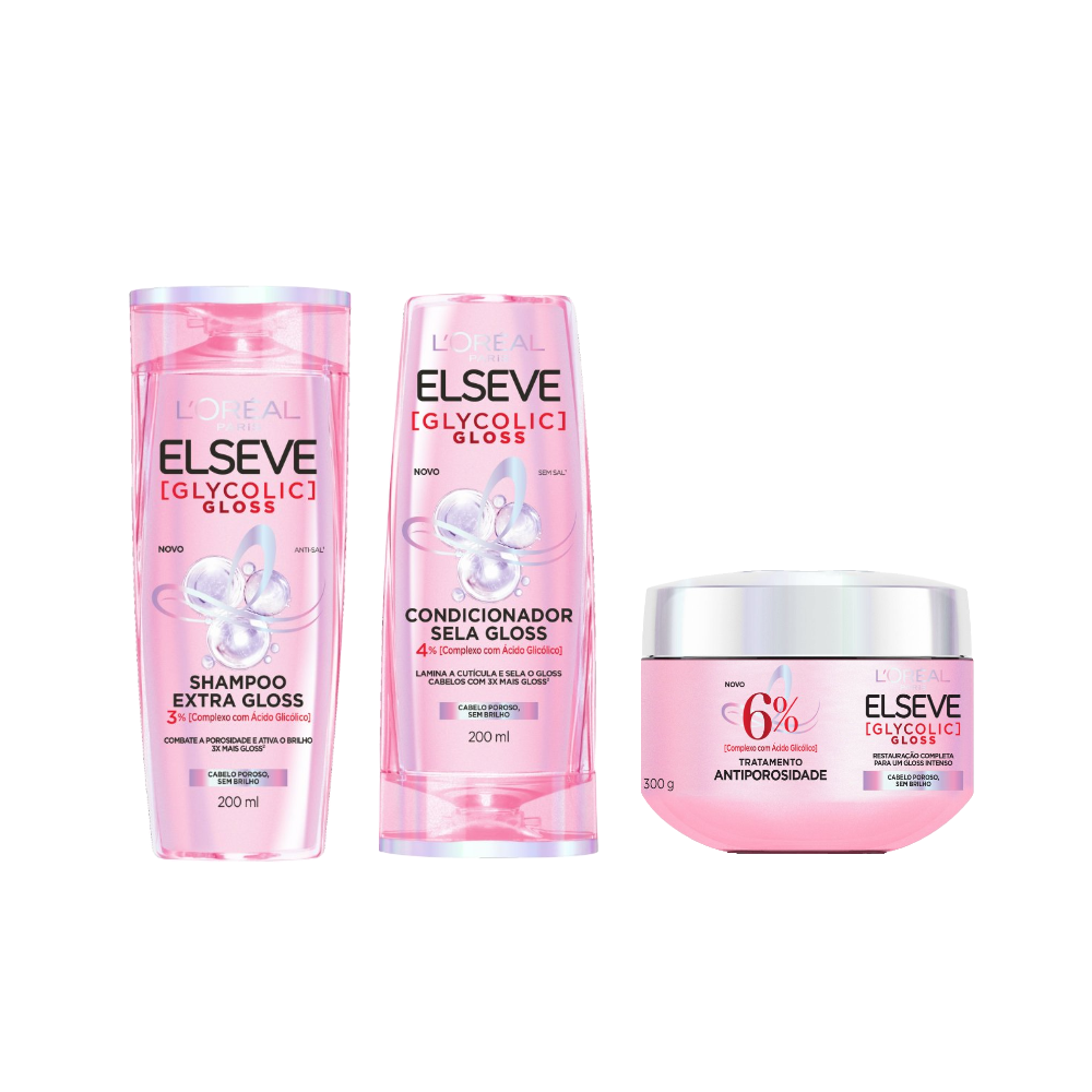 Kit Elseve Condicionador L'oreal Paris Glycolic Gloss 200ml + Creme De Tratamento L'oreal Paris Glycolic Gloss 300g + Shampoo L'oreal Paris Glycolic Gloss 200ml