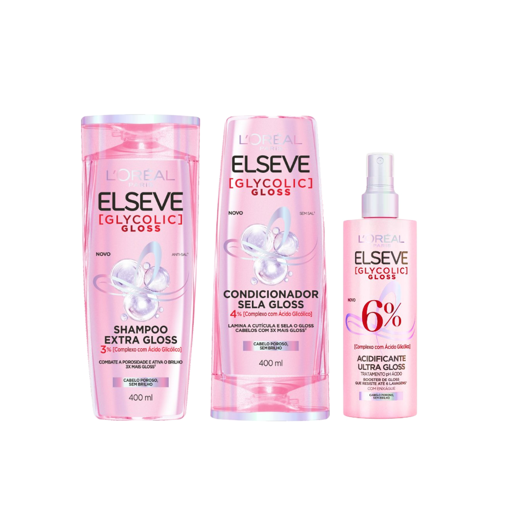 Kit Elseve Shampoo L'oreal Paris Glycolic Gloss 400ml + Condicionador L'oreal Paris Glycolic Gloss 400ml + Acidificante Ultra Gloss Loréal Paris Glycolic Gloss 200ml