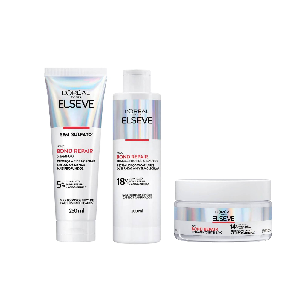 Kit Elseve Shampoo L'oreal Paris Bond Repair 250ml + Máscara De Tratamento Capilar L'oreal Paris Bond Repair 200g + Pré Shampoo L'oreal Paris Bond Repair 200ml