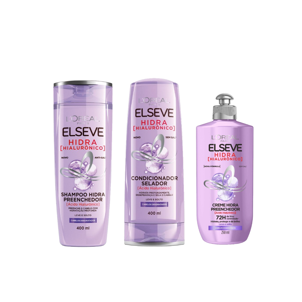 Kit Elseve Condicionador Selador L'oréal Paris Hidra Hialurônico 400ml + Shampoo Preenchedor 400ml + Creme Para Pentear Preenchedor 250ml