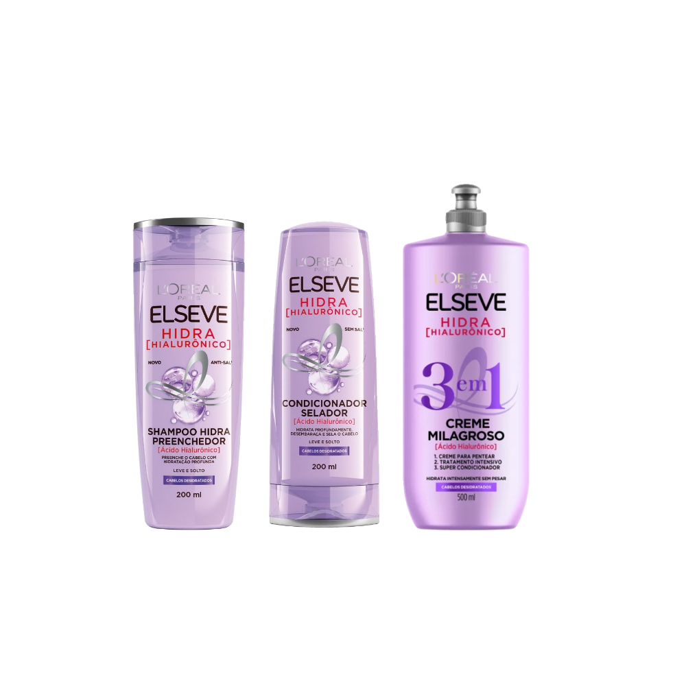 Kit Elseve Creme Milagroso 3 Em 1 Hidra Hialurônico 500ml + Condicionador Selador L'oréal Paris Hidra Hialurônico 200ml + Shampoo Preenchedor L'oréal Paris Hidra Hialurônico 200ml