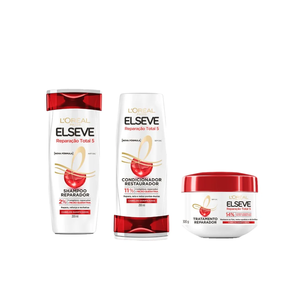 Kit Elseve Condicionador L'oréal Paris Reparação Total 5 200ml + Creme De Tratamento L'oréal Paris Reparação Total 5 300g + Shampoo L'oréal Paris Reparação Total 5 200ml