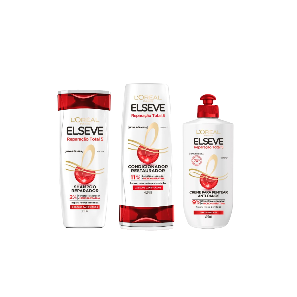Kit Elseve Shampoo L'oréal Paris Reparação Total 5 200ml + Condicionador Reparação Total 5+ L'oréal Paris 400ml + Creme Para Pentear Reparação Total 5+ L'oréal Paris 250ml