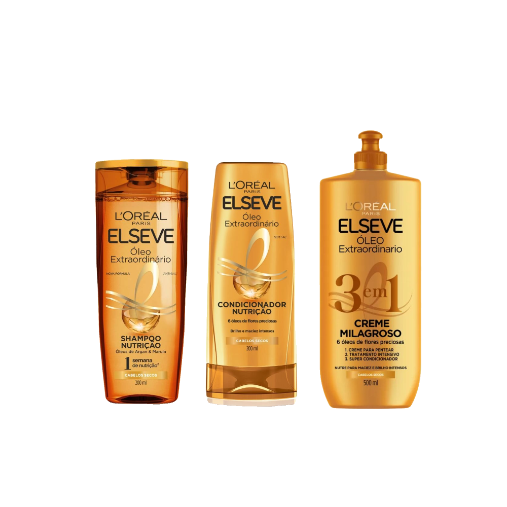 Kit Elseve Creme Milagroso 3 Em 1 Óleo Extraordinário 500ml + Condicionador L'oréal Paris Óleo Extraordinário 200ml + Shampoo L'oréal Paris Óleo Extraordinário 200ml