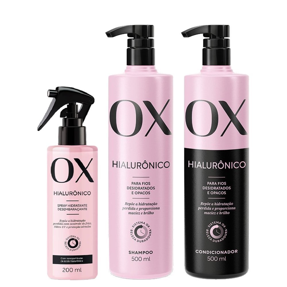 Kit Spray Capilar Hidratante Ox Hialurônico 200ml + Shampoo 500ml + Condicionador 500ml