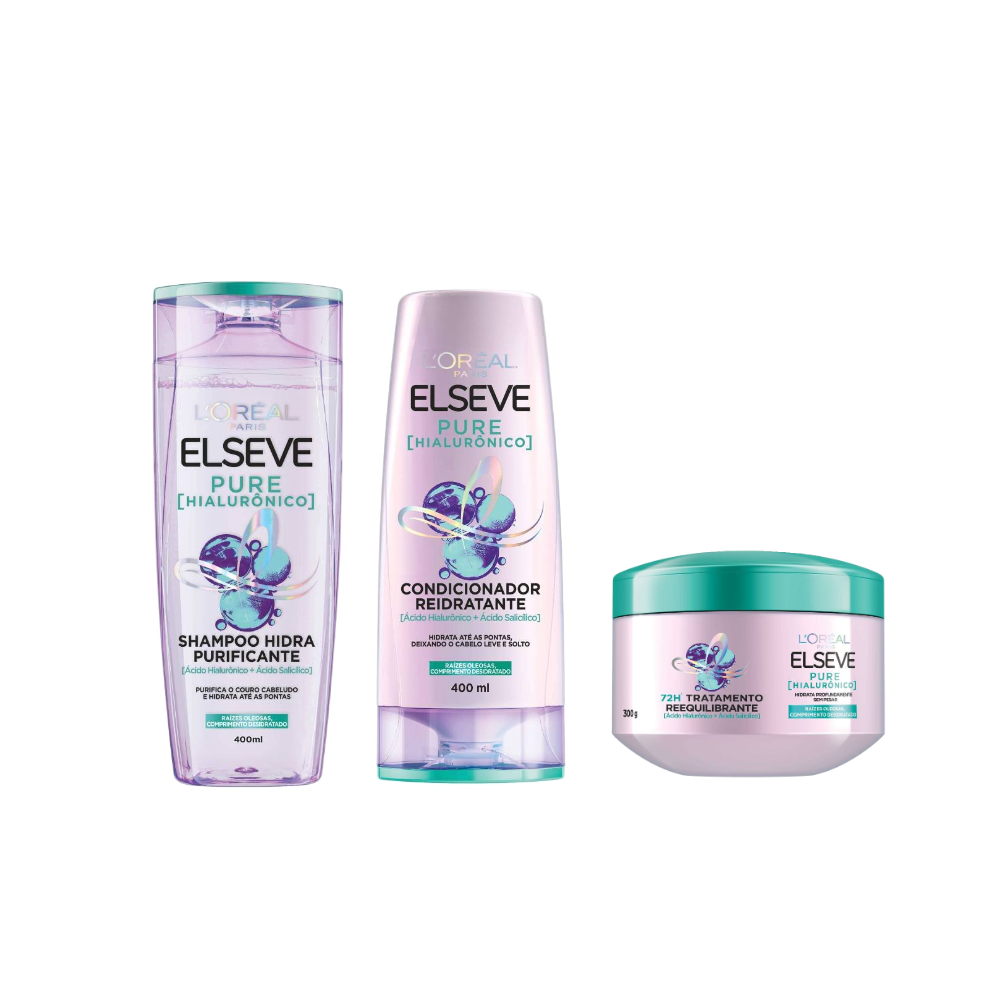 Kit Elseve Creme De Tratamento Pure Hialuronico 300g + Condicionador L'oréal Paris Pure Hialurônico 400ml + Shampoo L'oréal Paris Pure Hialurônico 400ml