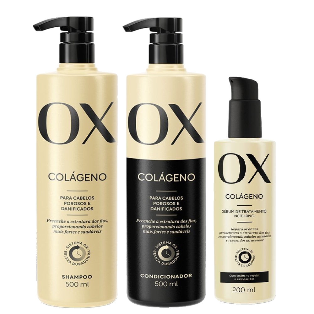 Kit Sérum Capilar De Tratamento Noturno Ox Colágeno 200ml + Condicionador 500ml + Shampoo Ox 500ml