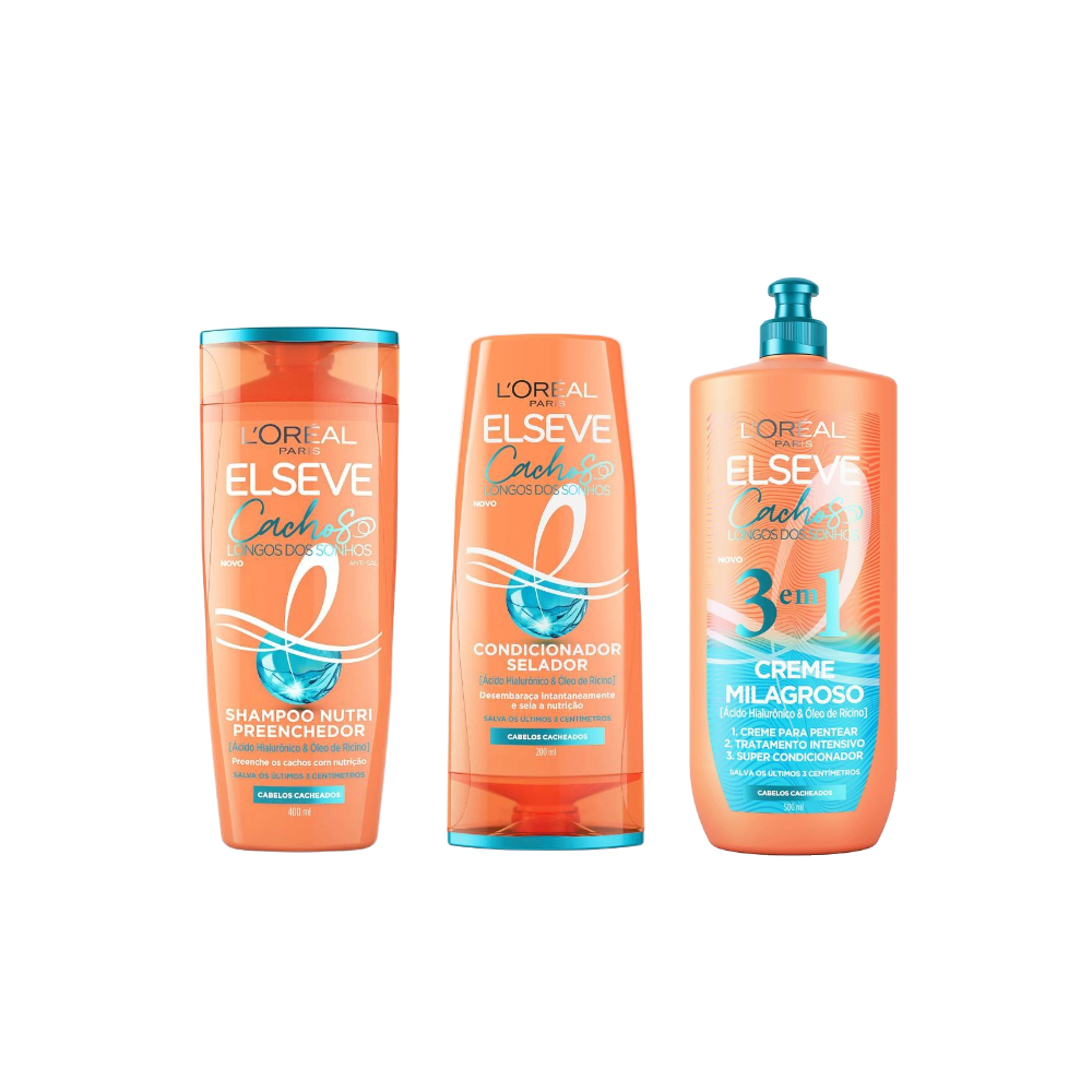 Kit Elseve Condicionador Selador L'oréal Paris Cachos Longos Dos Sonhos 200ml + Shampoo Nutri Preenchedor 400ml + Creme Milagroso 3 Em 1 500ml