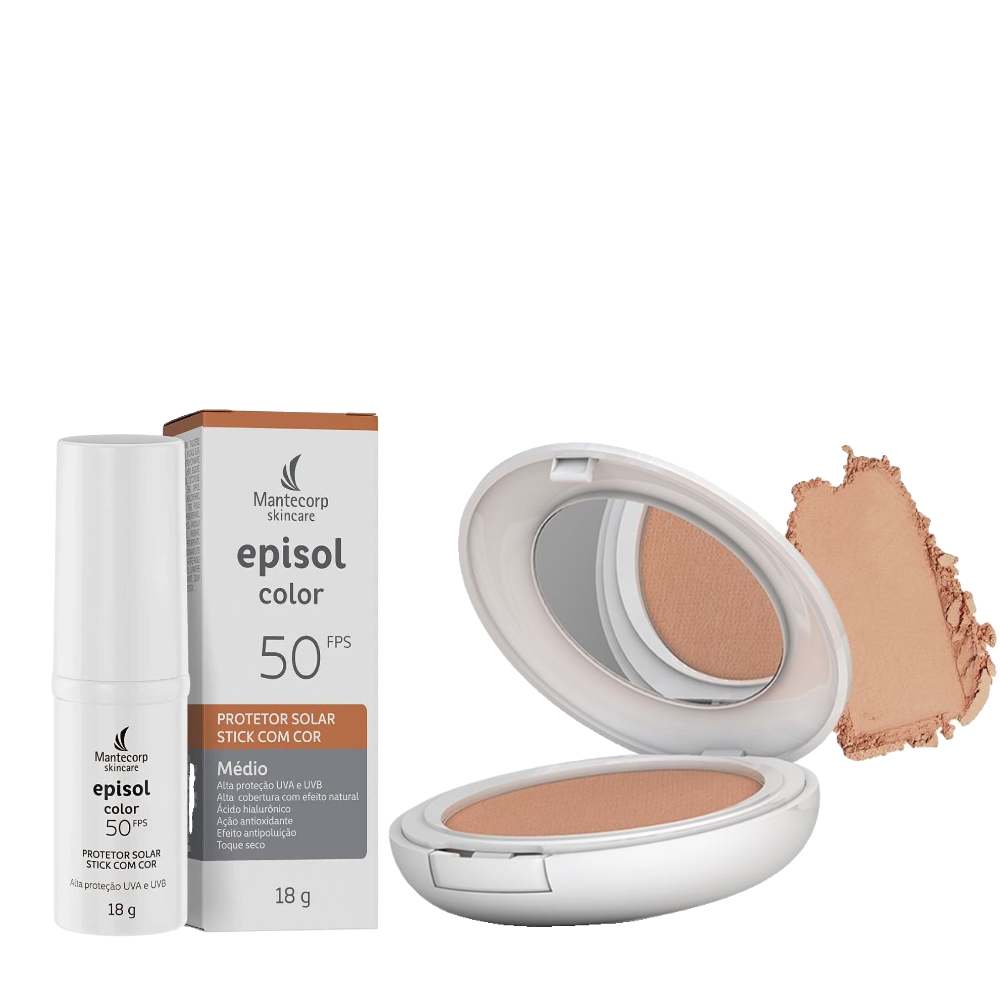 Kit Protetor Solar Episol Color Pó Compacto Pele Morena Fps 50 10g + Protetor Solar Facial Color Stick Médio Fps50 18g