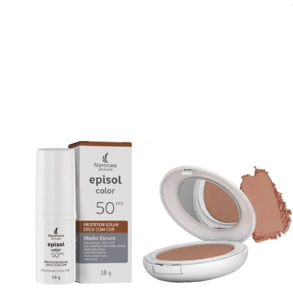 Kit Protetor Solar Episol Color Pó Compacto Pele Morena Mais Fps 50 10g + Protetor Solar Facial Color Stick Médio Escuro Fps50 18g