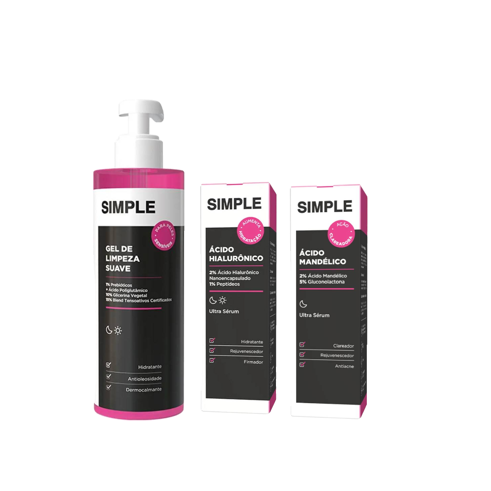 Kit Simple Gel De Limpeza Facial Suave 350g + Sérum Facial Ácido Mandélico 30ml + Sérum Facial Ácido Hialurônico 30ml
