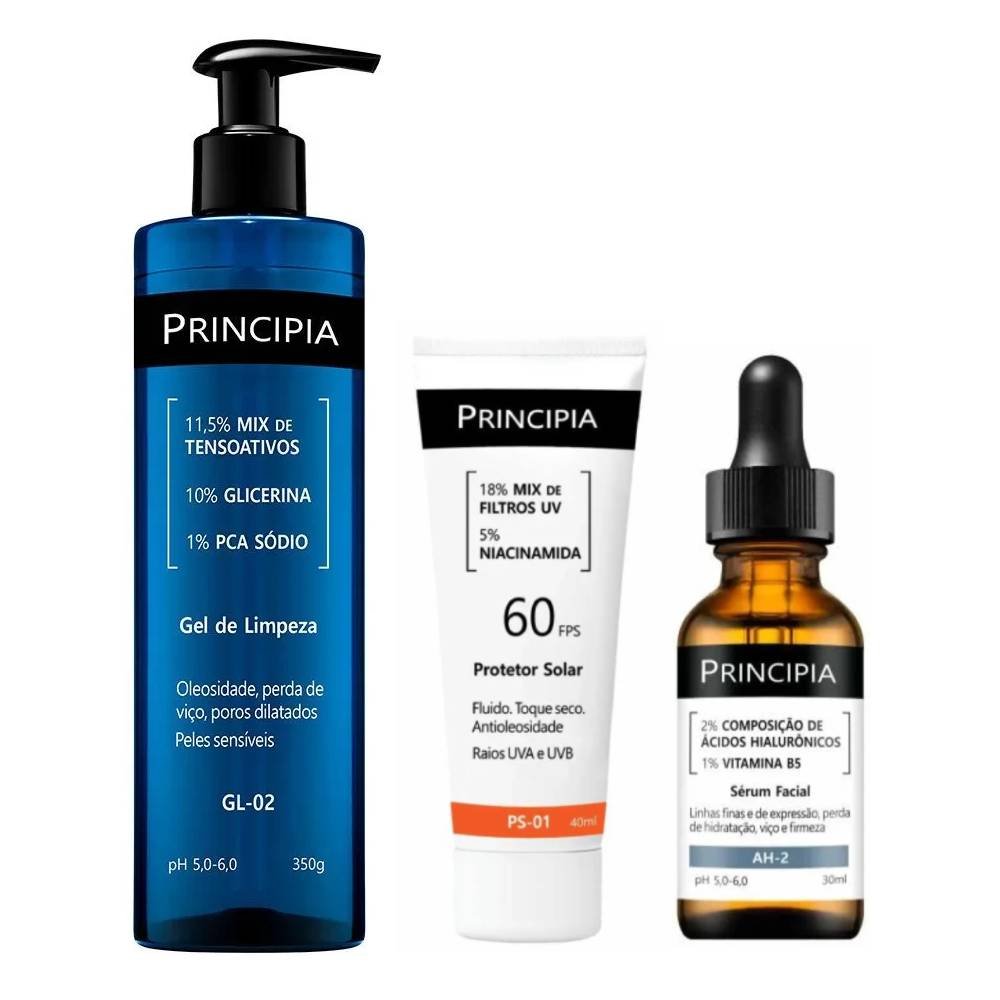 Kit Principia Sérum Facial Anti Idade Ah 2 Ácido Hialurônico 2% + Vitamina B5 1% 30ml + Gel De Limpeza Facial Gl 02 350g + Protetor Solar Facial Ps 01 Fps 60 40ml