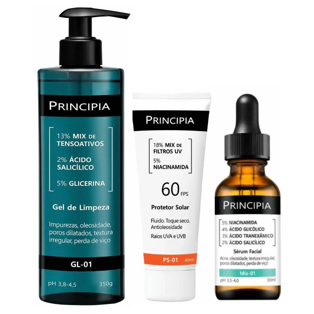 Kit Principia Gel De Limpeza Facial Gl 01 350g + Sérum Facial Antiacne E Oleosidade Mix 01 30ml + Protetor Solar Facial Ps 01 Fps 60 40ml