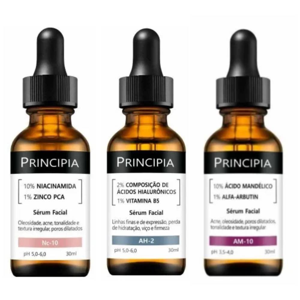 Kit Principia Sérum Facial Anti Idade Ah 2 Ácido Hialurônico 2% 30ml+ Sérum Facial Antiacne E Oleosidade Am 10 Ácido Mandélico 10% 30ml+ Sérum Facial Antiacne E Oleosidade Nc 10 Niacinamida 10% 30ml