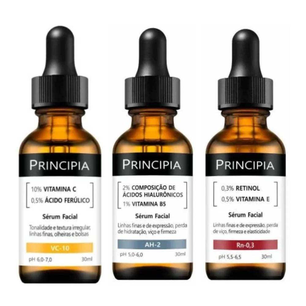 Kit Principia Sérum Facial Anti Idade Rn 0,3 Retinol 0,3% 30ml + Sérum Facial Anti Idade Ah 2 Ácido Hialurônico 2% + Vitamina B5 1% 30ml + Sérum Facial Antioxidante Vc 10 30ml