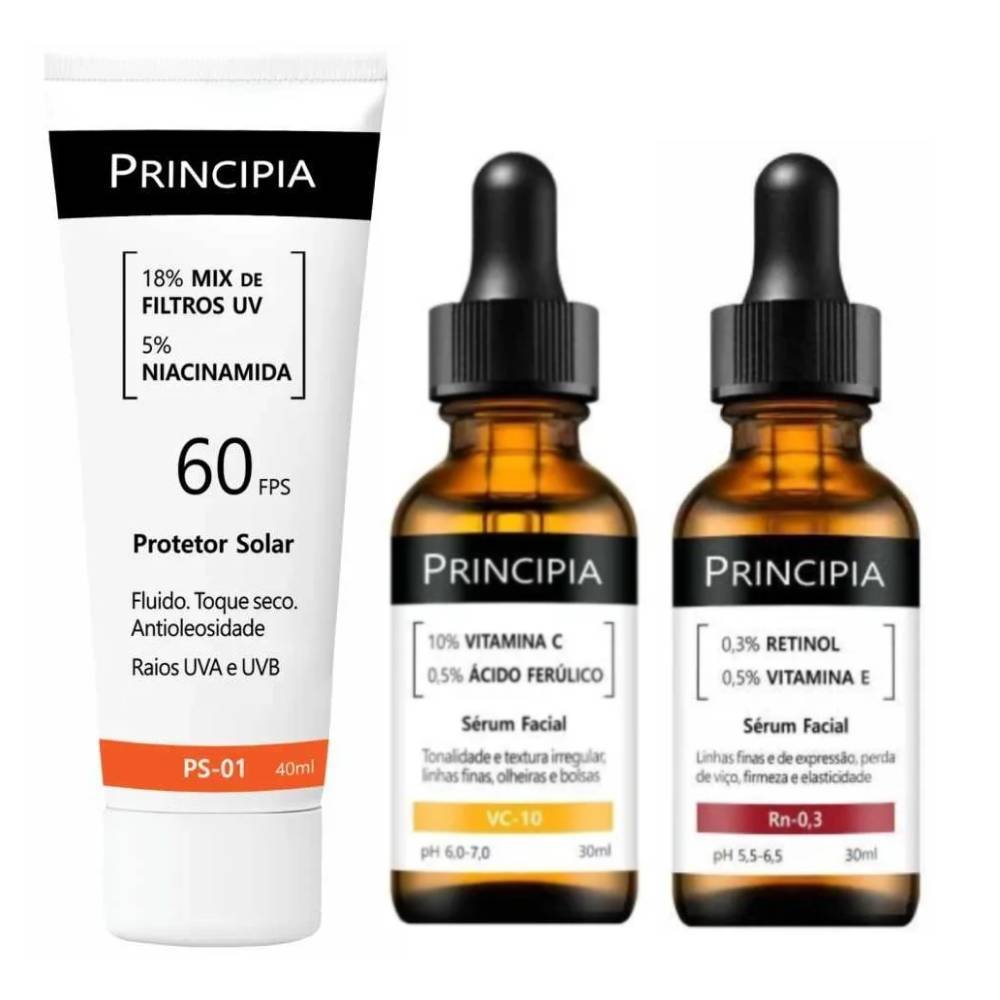 Kit Principia Sérum Facial Anti Idade Rn 0,3 Retinol 0,3% 30ml + Sérum Facial Antioxidante Vc 10 30ml + Protetor Solar Facial Ps 01 Fps 60 40ml
