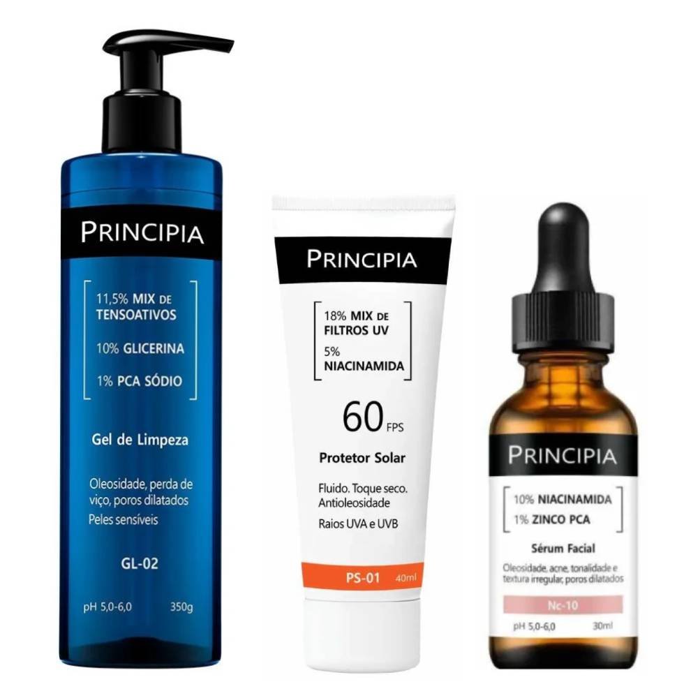 Kit Principia Protetor Solar Facial Ps 01 Fps 60 40ml + Gel De Limpeza Facial Gl 02 350g + Sérum Facial Antiacne E Oleosidade Nc 10 Niacinamida 10% 30ml
