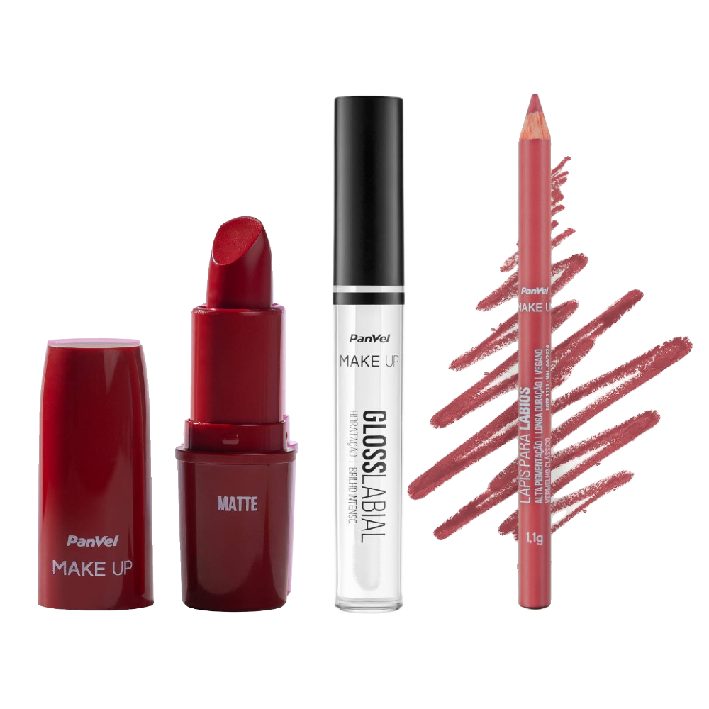 Kit Panvel Batom Vermelho Escarlate Matte Make Up 3,4g + Lápis Delineador Para Lábios Vermelho Clássico Make Up 1,1g + Gloss Labial Make Up Crystal 3,5g