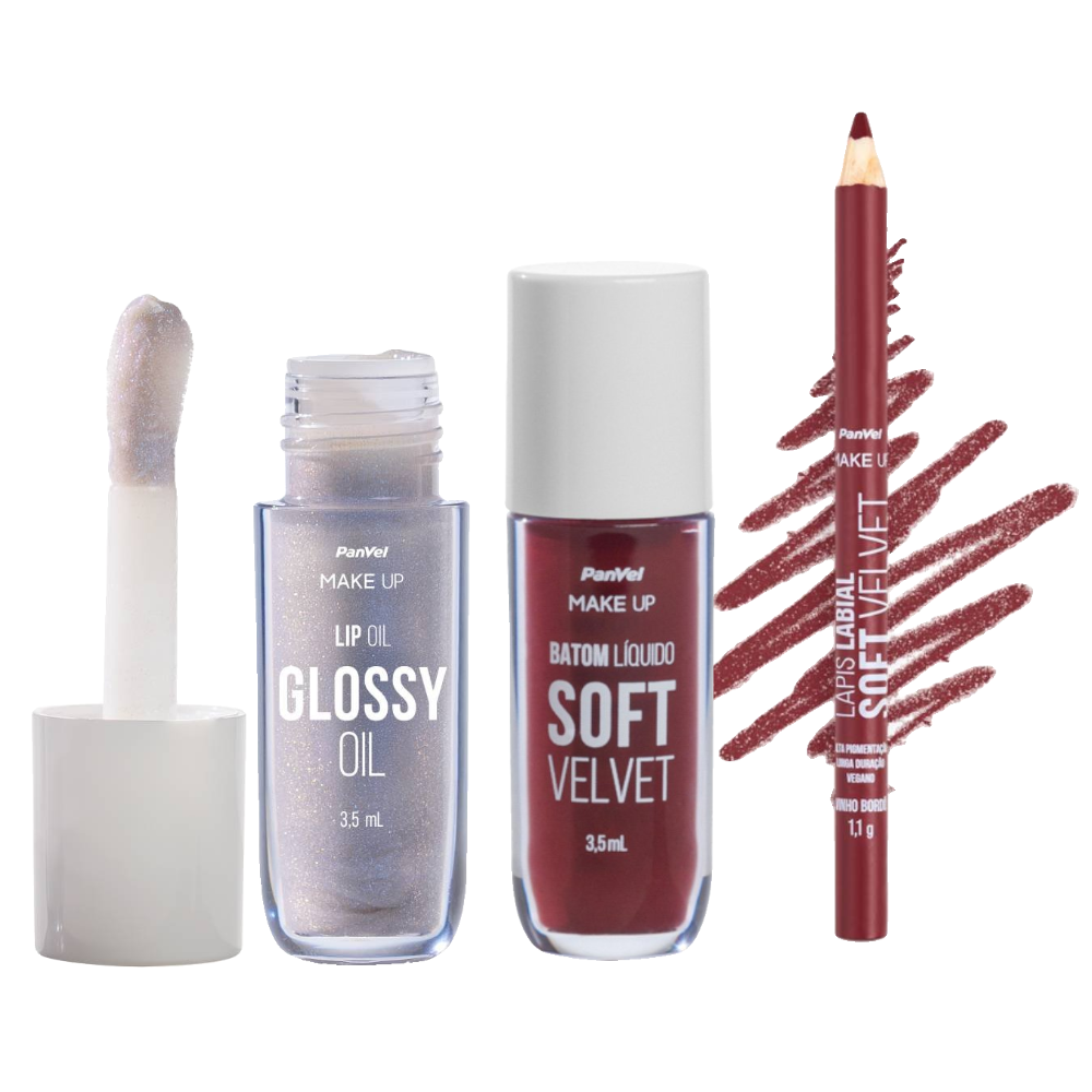 Kit Panvel Lip Oil Make Up Shimmer 3,5ml + Lápis Para Contorno Labial Vinho Bordô Make Up 1g + Batom Líquido Soft Velvet Vinho Icônico Make Up 3,5ml