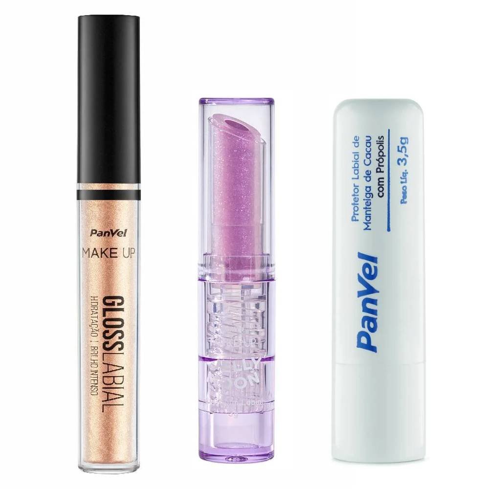 Kit Panvel Brilho Labial Duo Balm Jelly Moon Make Up Cor Lilás 3g + Manteiga De Cacau Com Propólis 3,5g + Gloss Labial Make Up Shine 3,5g