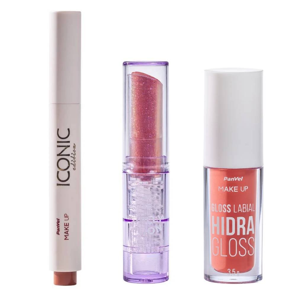 Kit Panvel Brilho Labial Duo Balm Jelly Moon Make Up Cor Rose 3g + Gloss Labial Stick Make Up Iconic Edition Nude 15g + Gloss Labial Hidragloss Make Up Poppy 3,5g