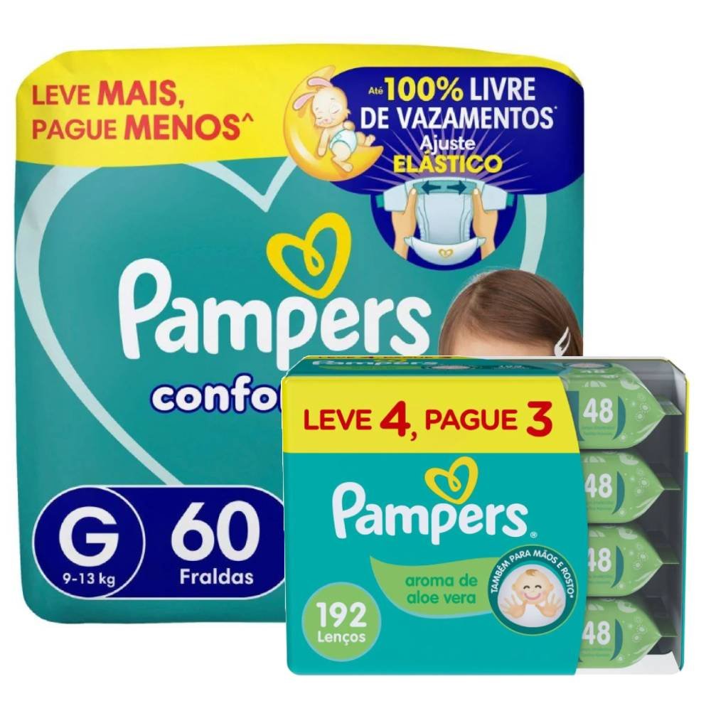 Kit Pampers Lenços Umedecidos Aloe Vera Leve 4 Pague 3 Com 48 Unidades + Fralda Confort Sec Bag G 60 Unidades