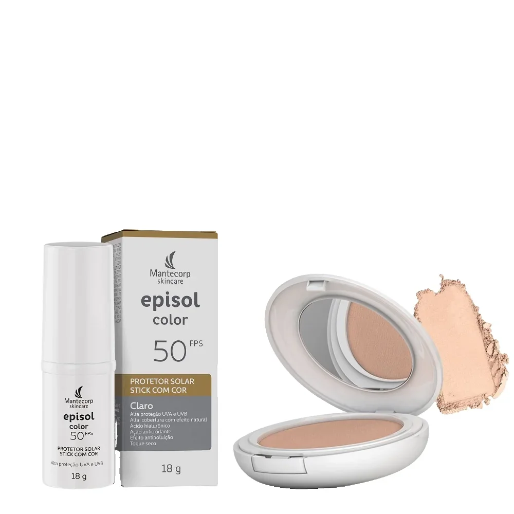 Kit Protetor Solar Episol Color Pó Compacto Pele Clara Fps 50 10g + Protetor Solar Facial Color Stick Claro Fps50 18g