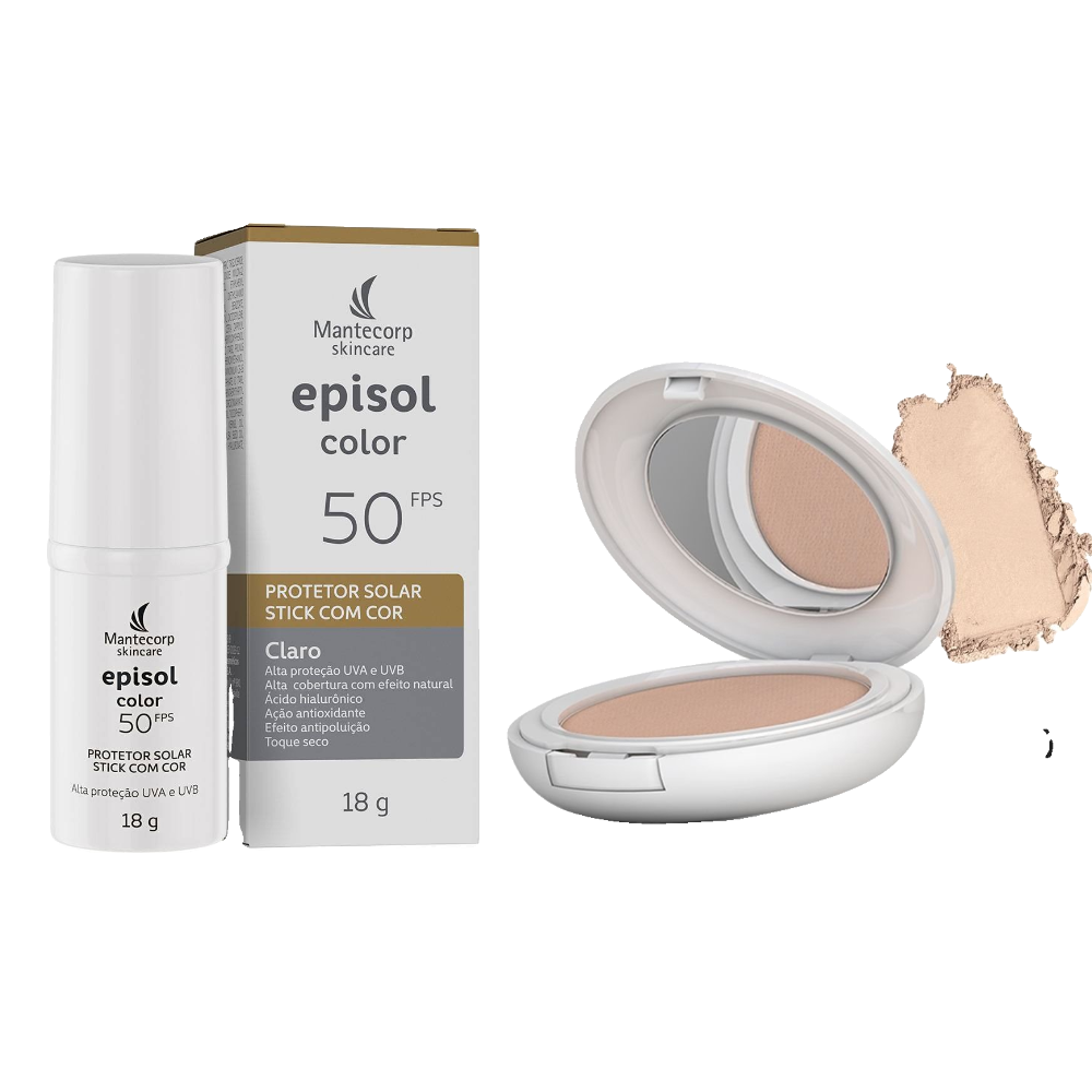 Kit Protetor Solar Facial Episol Color Stick Claro Fps50 18g + Protetor Solar Color Pó Compacto Pele Extra Clara Fps 50 10g