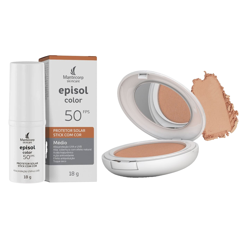 Kit Protetor Solar Episol Color Pó Compacto Pele Morena Fps 50 10g + Protetor Solar Facial Color Stick Médio Fps50 18g