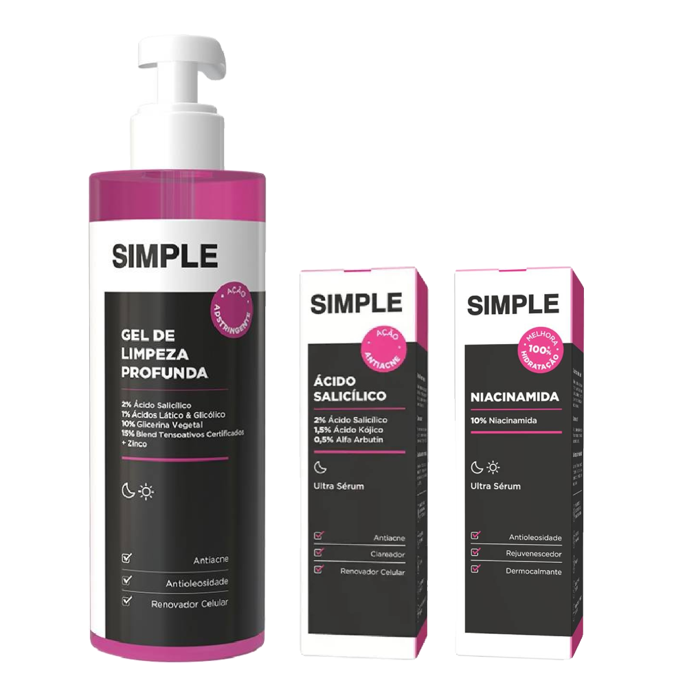 Kit Simple Gel De Limpeza Facial Organic Profunda 350g + Sérum Facial Niacinamida 30ml + Sérum Facial Ácido Salicílico 30ml