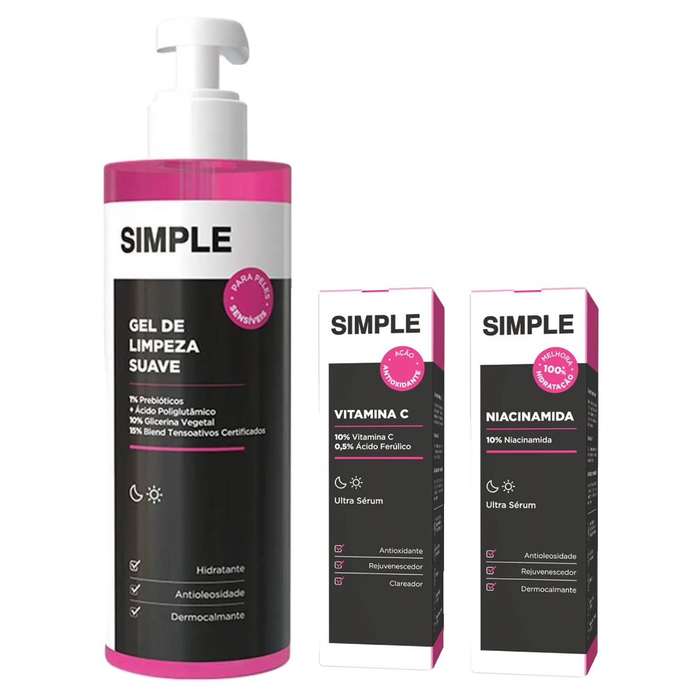 Kit Simple Gel De Limpeza Facial Suave 350g + Sérum Facial Vitamina C 30ml + Sérum Facial Niacinamida 30ml
